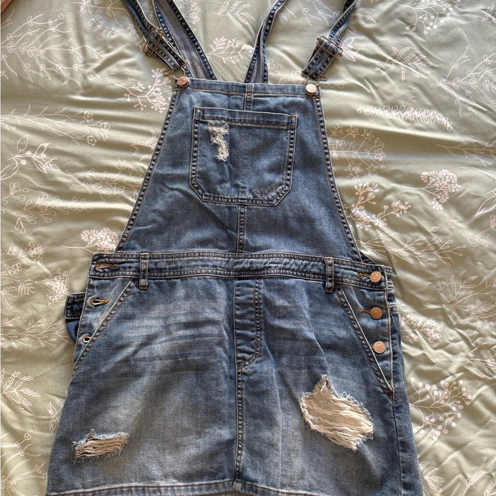Denim Distressed Overalls (skirt)